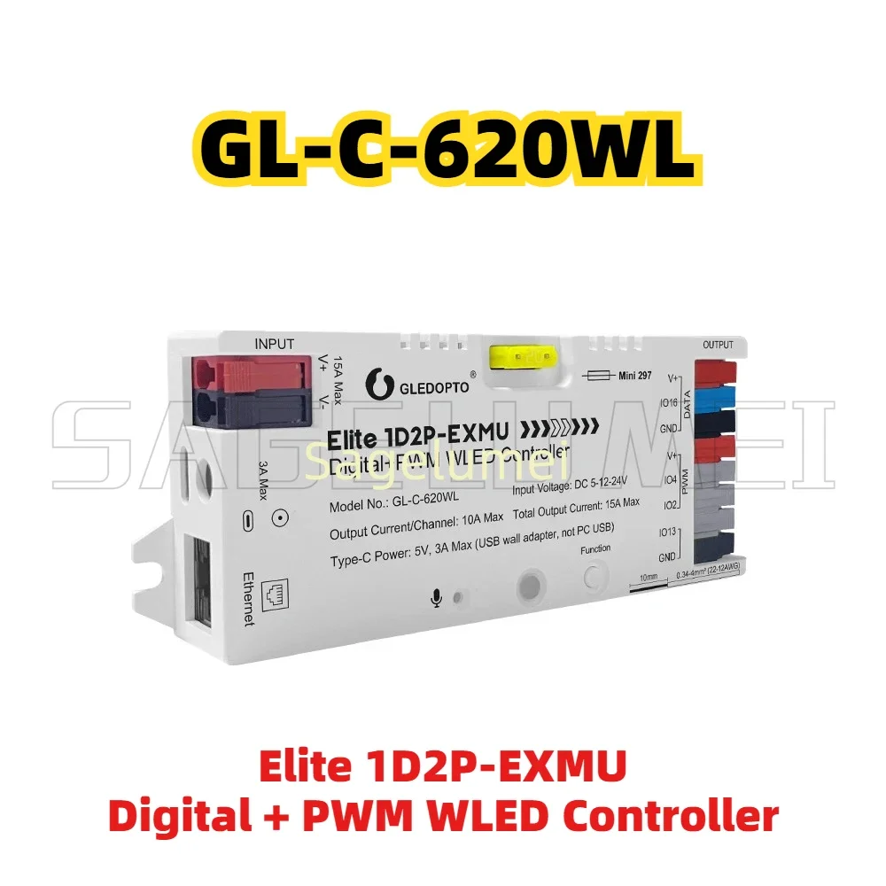 

Контроллер WLED Elite 1D2P-EXMU GL-C-620WL со встроенным реле/предохранителем, Ethernet, Type-C для цифровых RGBIC PWM одноцветных CCT LED лент