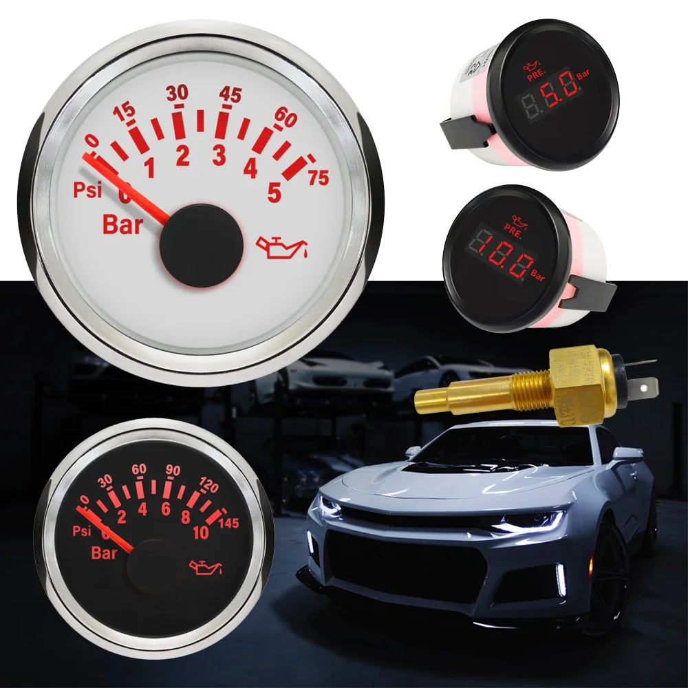 

RHAXEL 52mm Oil Pressure Gauge Signal 0-5bar 0-75Psi 0-10bar 0-145Psi with Red Backlight for Truck Boat Yacht Universal 9-32V