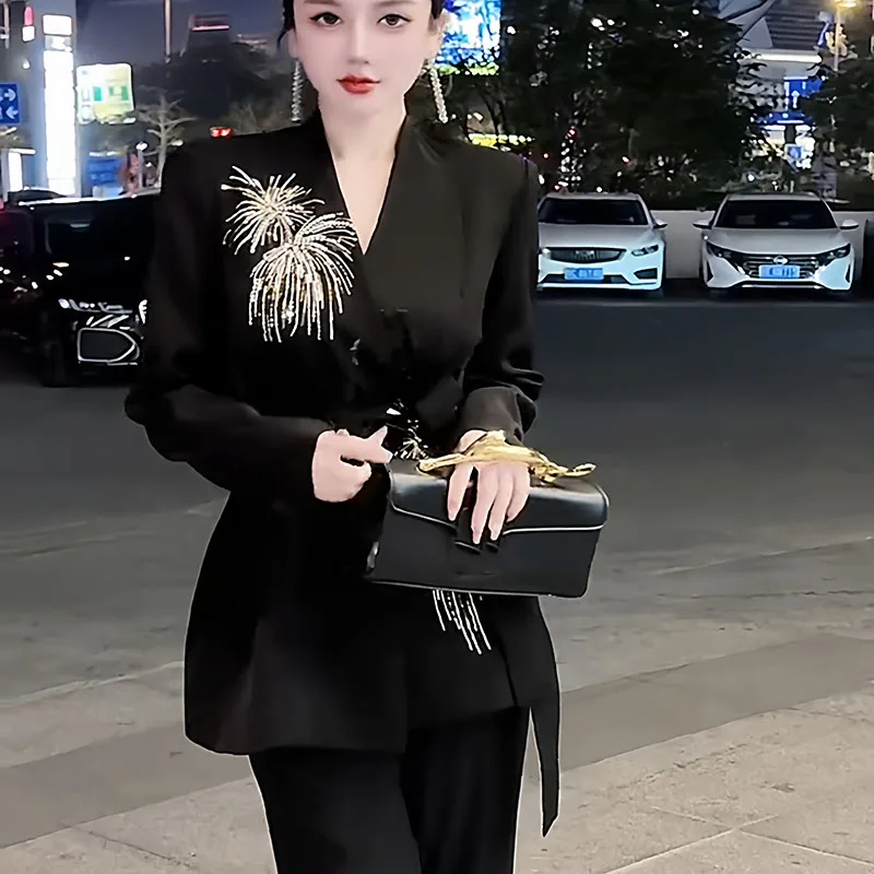 Women's Black Embellished Blazer Suit 2026 New Firework Beaded Applique V Neck Chic Office Jacket Belted Party Commute Outerwear