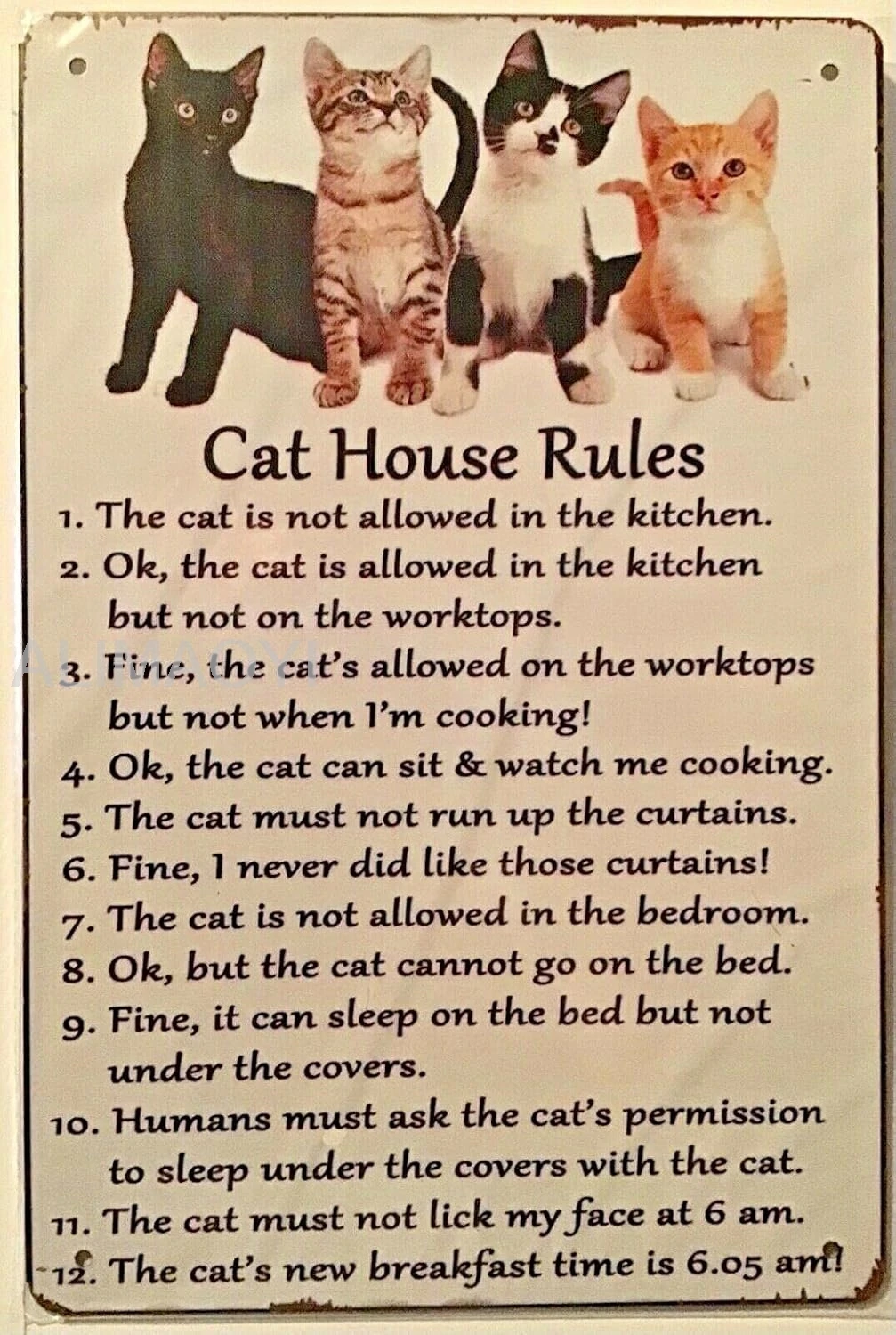 UOAIUDT Vintage Tin Sign Cats Kittens House Rules Metal Poster Retro Plaque Wall Decor Gift For Garden Men Cave Garage  Alu sign