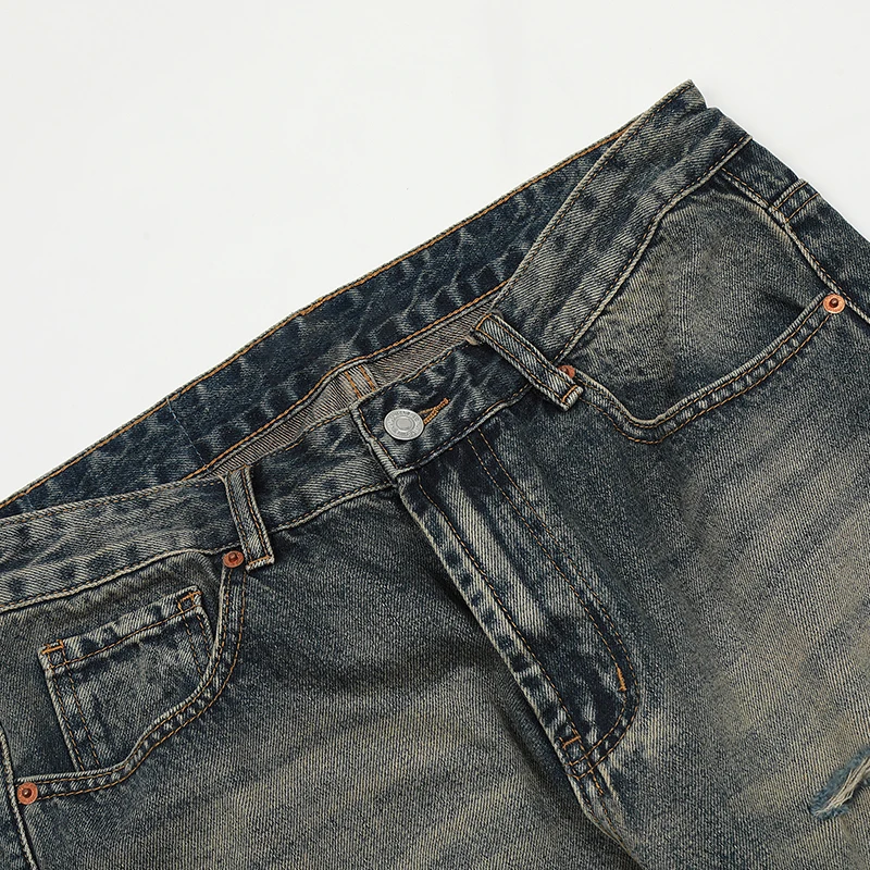 UPRAKF Straight-leg Distressed Ripped Jeans Pocket Loose Streetwear Denim Pants Casual Pantalones Raw Hem Jeans