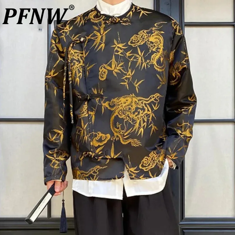 

PFNW New Chinese Style Shirt Casual Dragon Printing Round Neck Men's Top Loose Long Sleeve Shirts Autumn 2024 Trend 9C5315