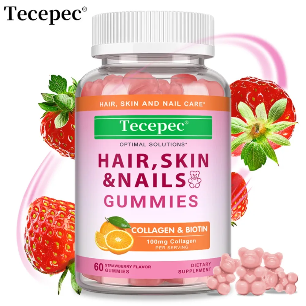 Hair Skin & Nails Gummies with Collagen & Biotin - 60 Count, Strawberry Flavor Beauty Supplement