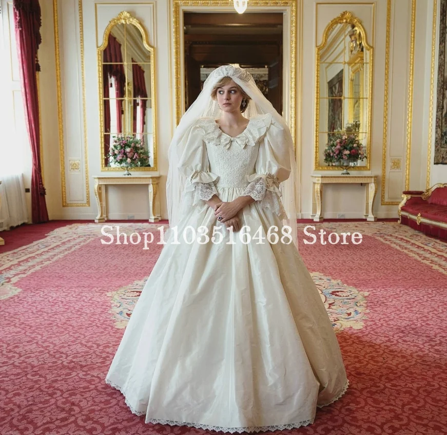 Vintage Victoriaanse Trouwjurk Ivoor Romantische Bubble Mouw Prinses Diana Bruiloft Kanten Poncho Robe Mariee Princesse