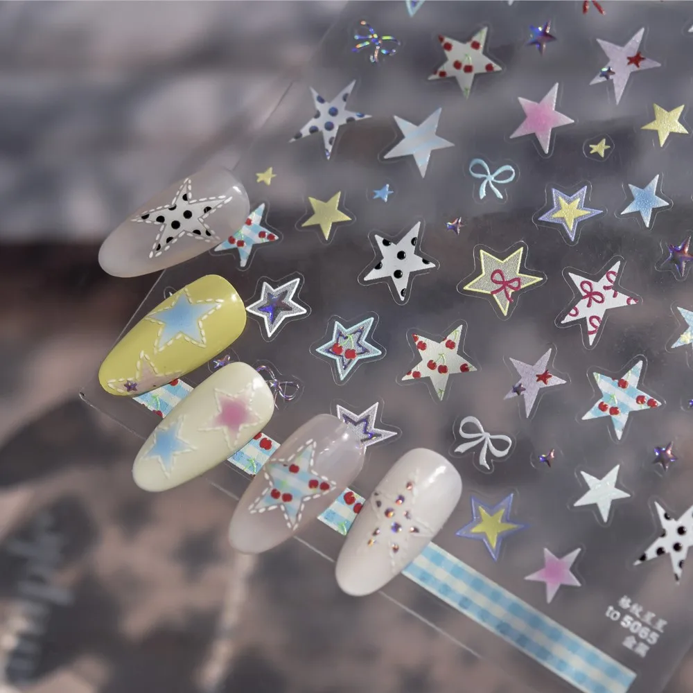 Naklejki na paznokcie 5D, błyszcząca metalowa siatka, gwiazdy, kolorowe kokardki z pięcioramienną gwiazdą, naklejki do zdobienia paznokci DIY, samoprzylepne naklejki do manicure