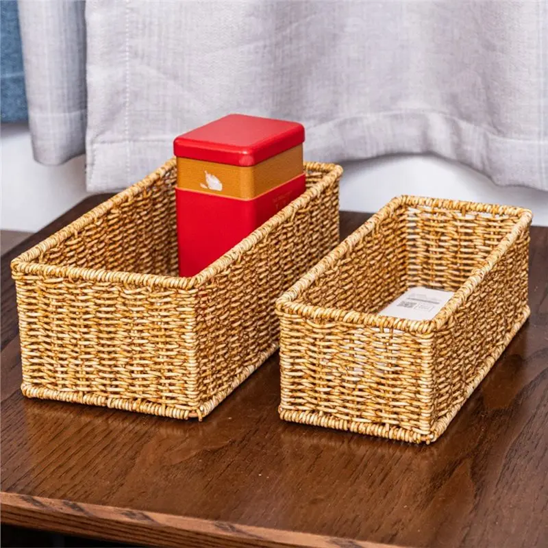 AT63-Wicker Basket Set With Built-In Handles For Toilet Tank And Vanity Anti-Vine Design 28.5X 14X 10Cm