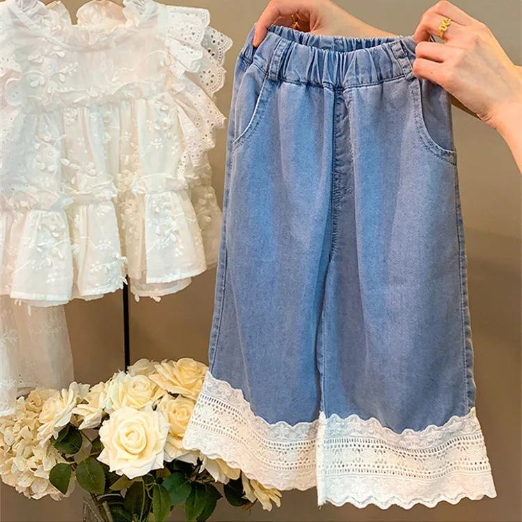 Baby Girl Pants 2024 New Girls Soft Jeans New Style Jeans Female Treasure Summer Wide Leg Comfort Pants Summer Thin Pant