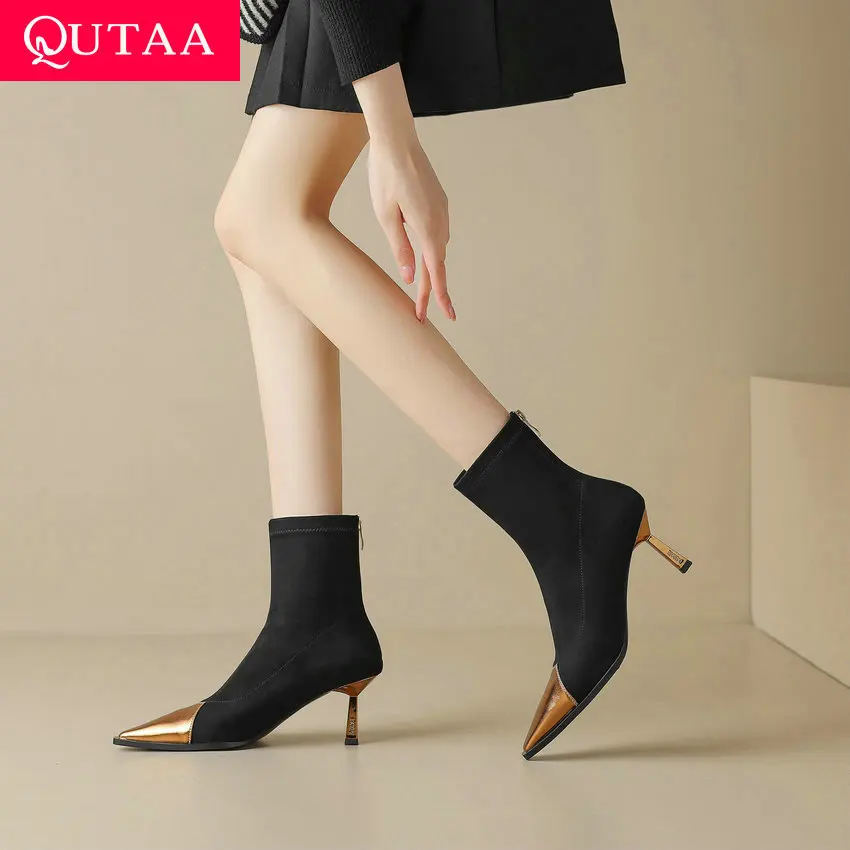 

QUTAA 2024 Elegant Thin High Heels Women Ankle Boots Soft Flock Office Lady Mature Back Zipper Shoes Woman Autumn Size 34-39