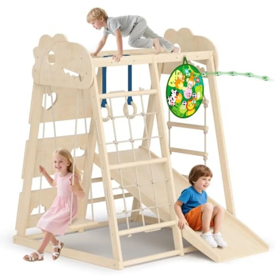 

8-в-1 домашняя игровая площадка, деревянные игрушки Монтессори для скалолазания с кольцами, веревочная лестница, обезьяна-бар, сетка для скалолазания, скалолазание