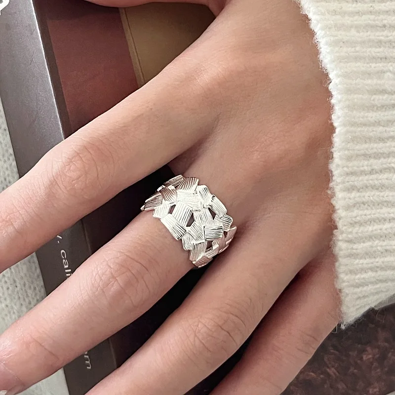 

925 Sterling Silver Open Finger Ring Wide Braid Squares Matte Openwork Geometric Punk For Women Jewelry Gift Dropship Wholesale