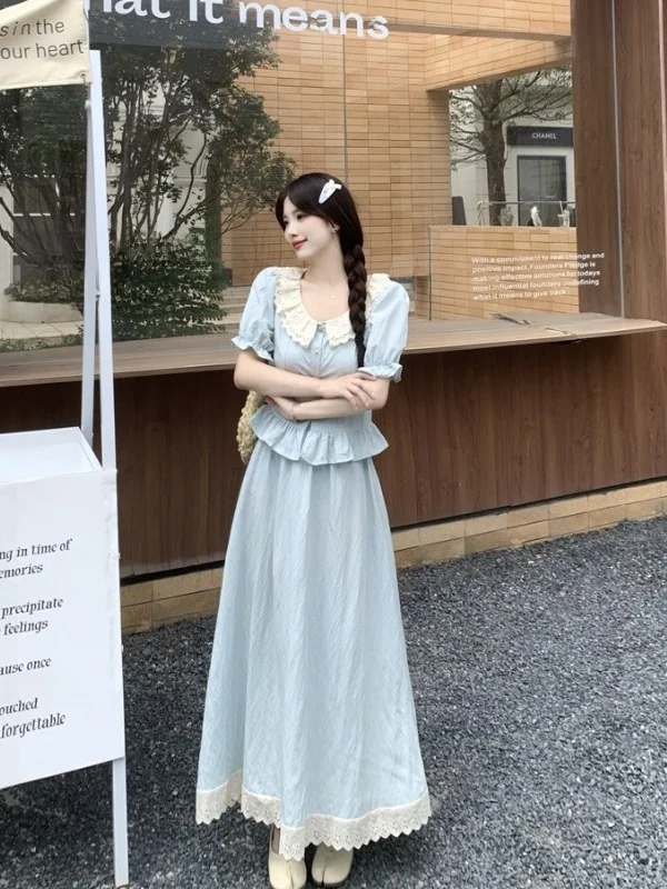 

plus Size Women's Sweet Sle Ruffle Collar ort Sve irt And High Waist Skirt Set Summer New Faion Korean Loose Fit