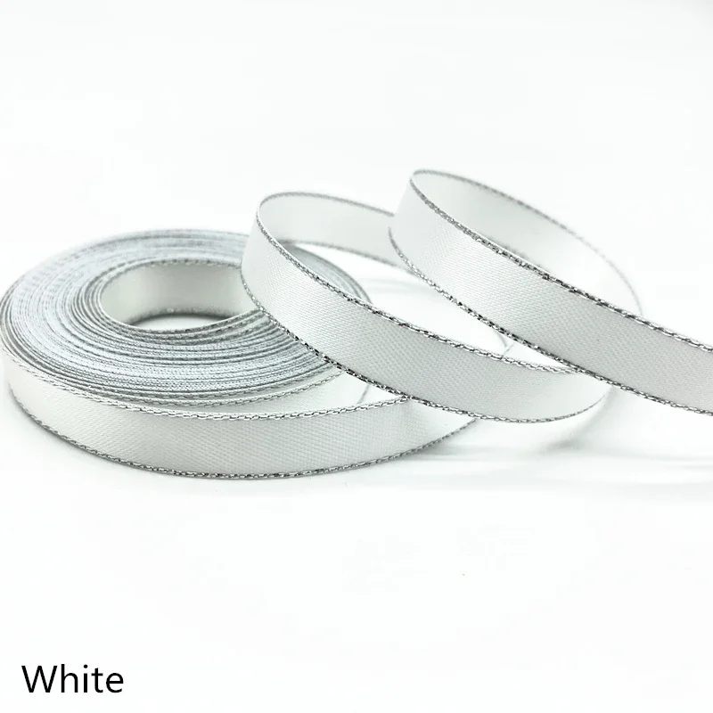 10mm High Quality Silver Metallic Edge Satin Ribbon Polyester For Flower Gift Packing Wedding Decoration DIY ,5 yds/lot
