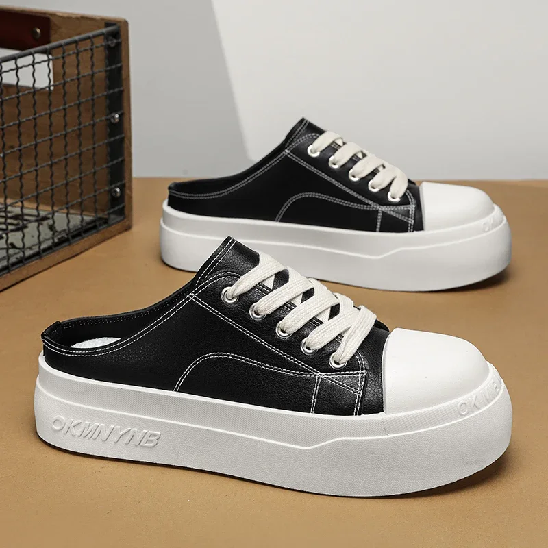 

Street Style Men's Canvas Sneakers Black Half Shoes Comfortable Leather Casual Sneakers For Men Platform Slip-on Shoes Man Mules