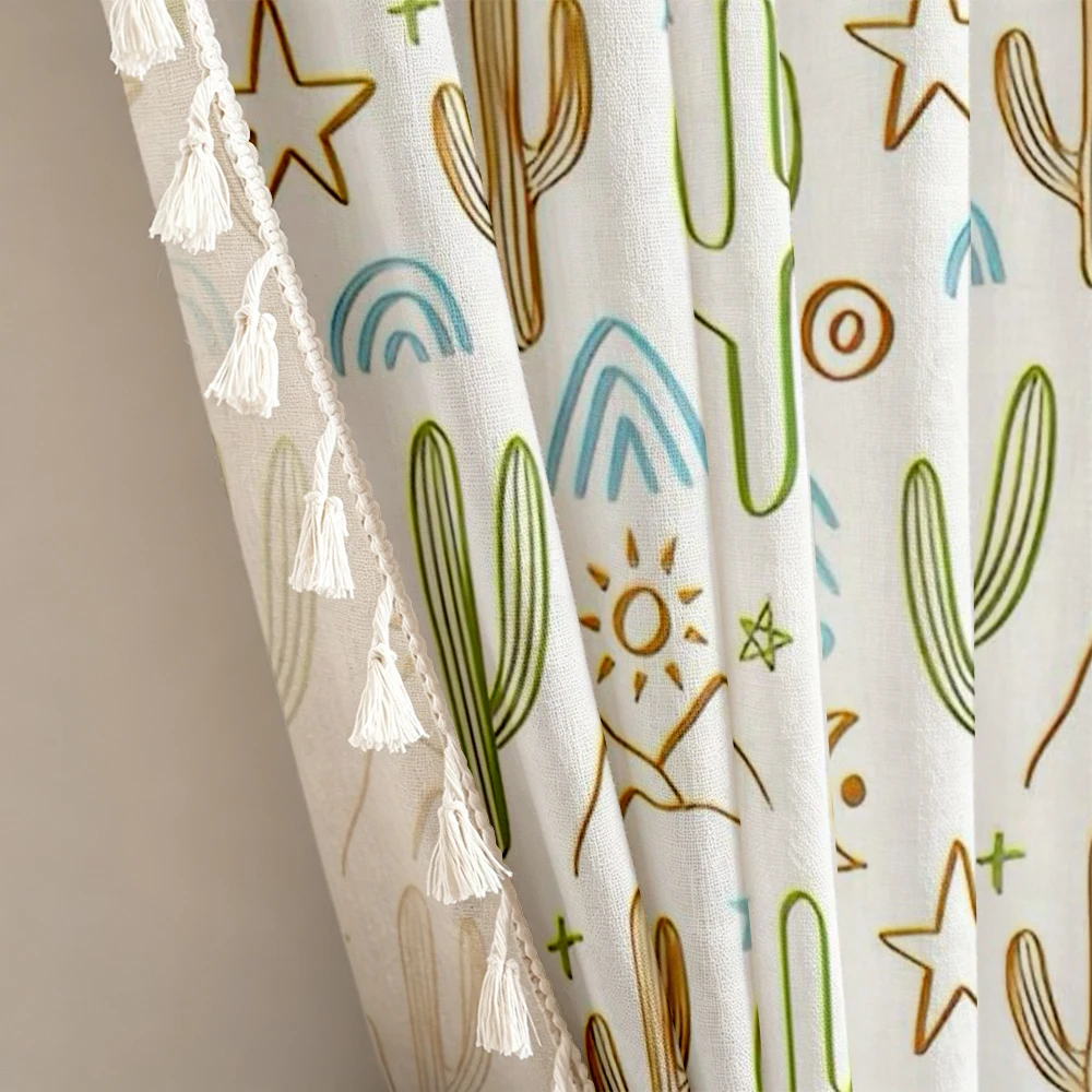 1PC Boho Tassel Sheer Curtains, Cactus Sun Mountain, Digital Print, Linen Polyester, Bedroom Living Room, Rod Pocket, Home Decor