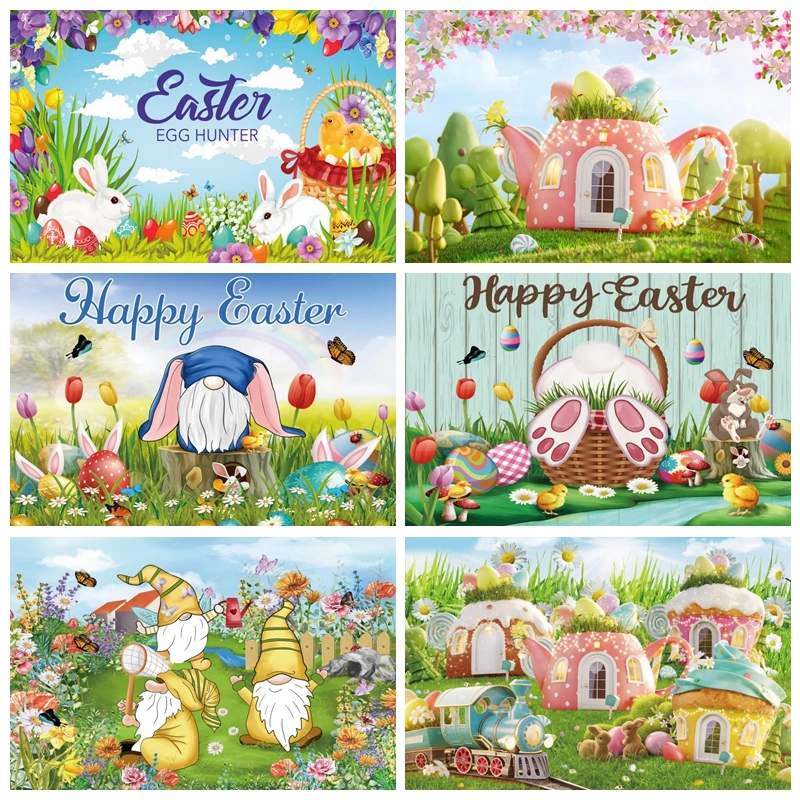 

Cartoon Bunny Eggs Happy Easter Backdrops For Photography Baby Shower Portrait Photographic Party Decor Backgrounds Photocall