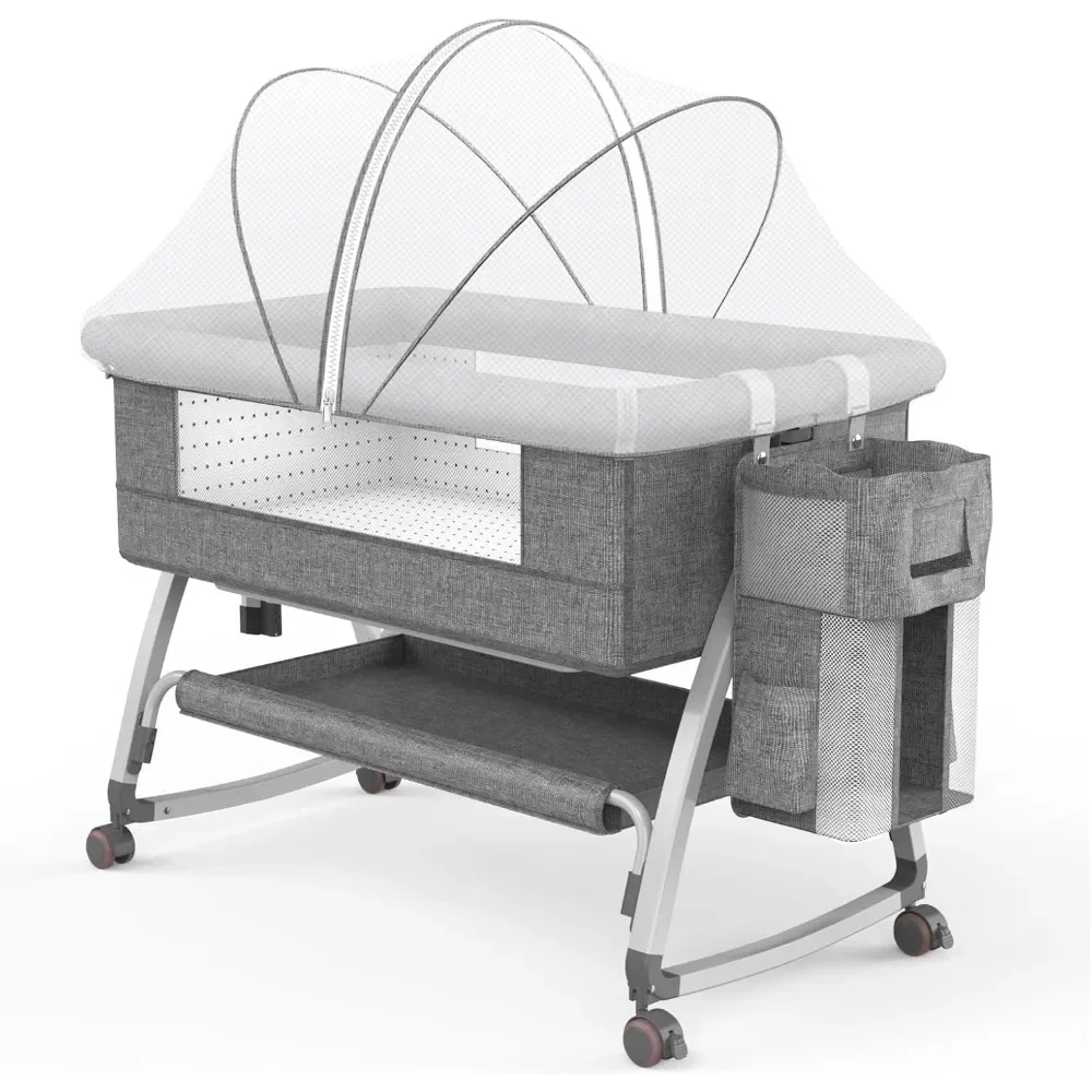 

Bassinet with Adjustable Height, Breathable Mesh, Wheels, and Mosquito Net, Easy-Fold Bedside Sleeper, Baby Bedside Bassinet