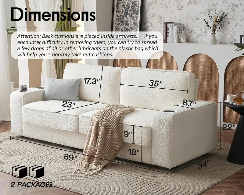 Modern Sofa, 89in Comfy Couch with Cup Holders & USB Charging Ports, Offwhite Bouclé Couch- Deep Seat Sofa Couch for Livi