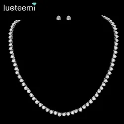 LUOTEEMI Silver Color 3 Prong Round Cubic Zirconia Necklace Earring Bridal Jewelry Set Simple Design Bride Wedding Accessories