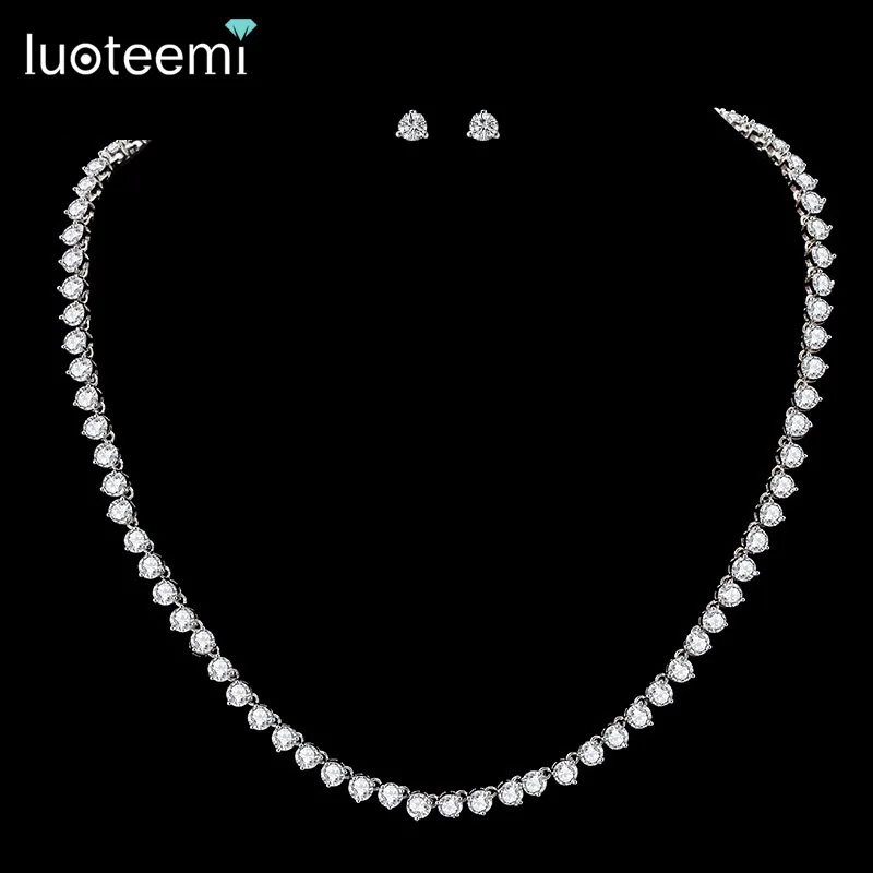 LUOTEEMI Silver Color 3 Prong Round Cubic Zirconia Necklace Earring Bridal Jewelry Set Simple Design Bride Wedding Accessories