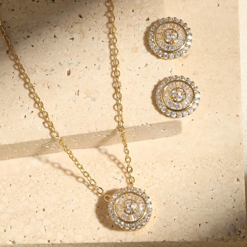 Women's Korean Circular Micropaved Zircon Necklace Earrings Set
