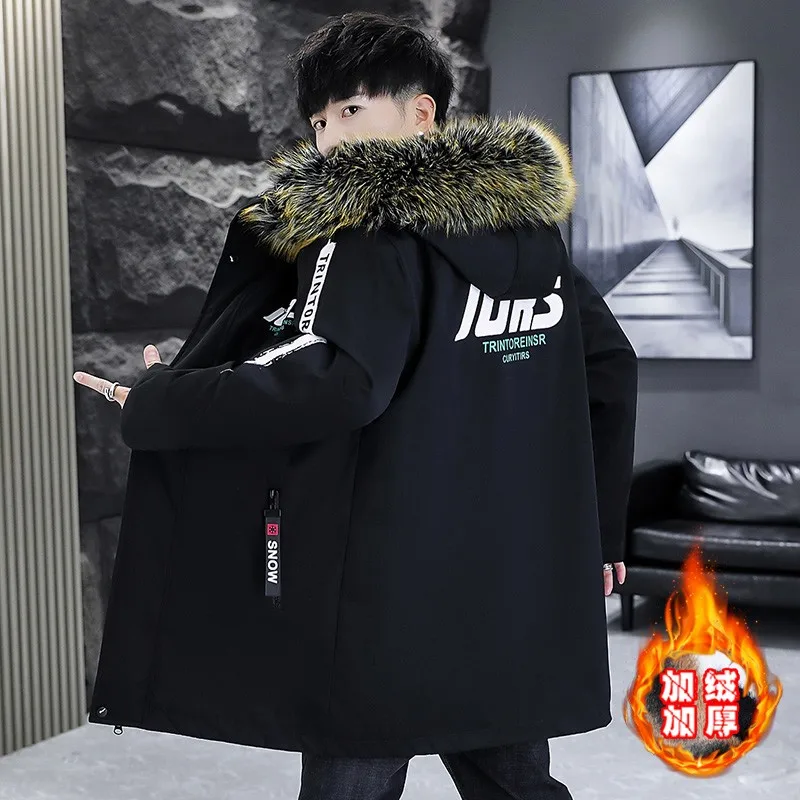 

Cotton-Padded Coat Winter Men's Warm Parkas Coat Fashionable Mid-Length Thickened Letter Print Fur collar Jacket