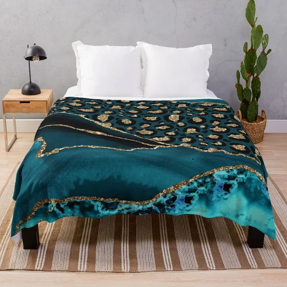 

Teal & Gold Leopard Agate Throw Blanket decorative for babies Furrys Blankets