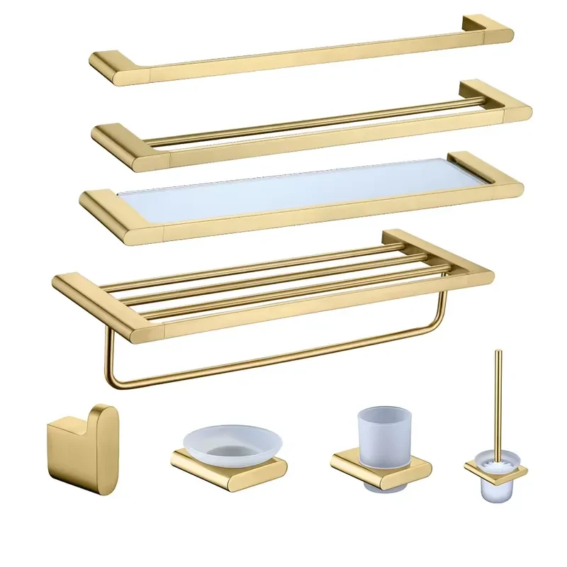 Gold Stainless Steel Bathroom Hardware Set Luxury Bath Accessories Kit Modern Wall Mounted Towel Bar Robe Hook Toilet Paper
