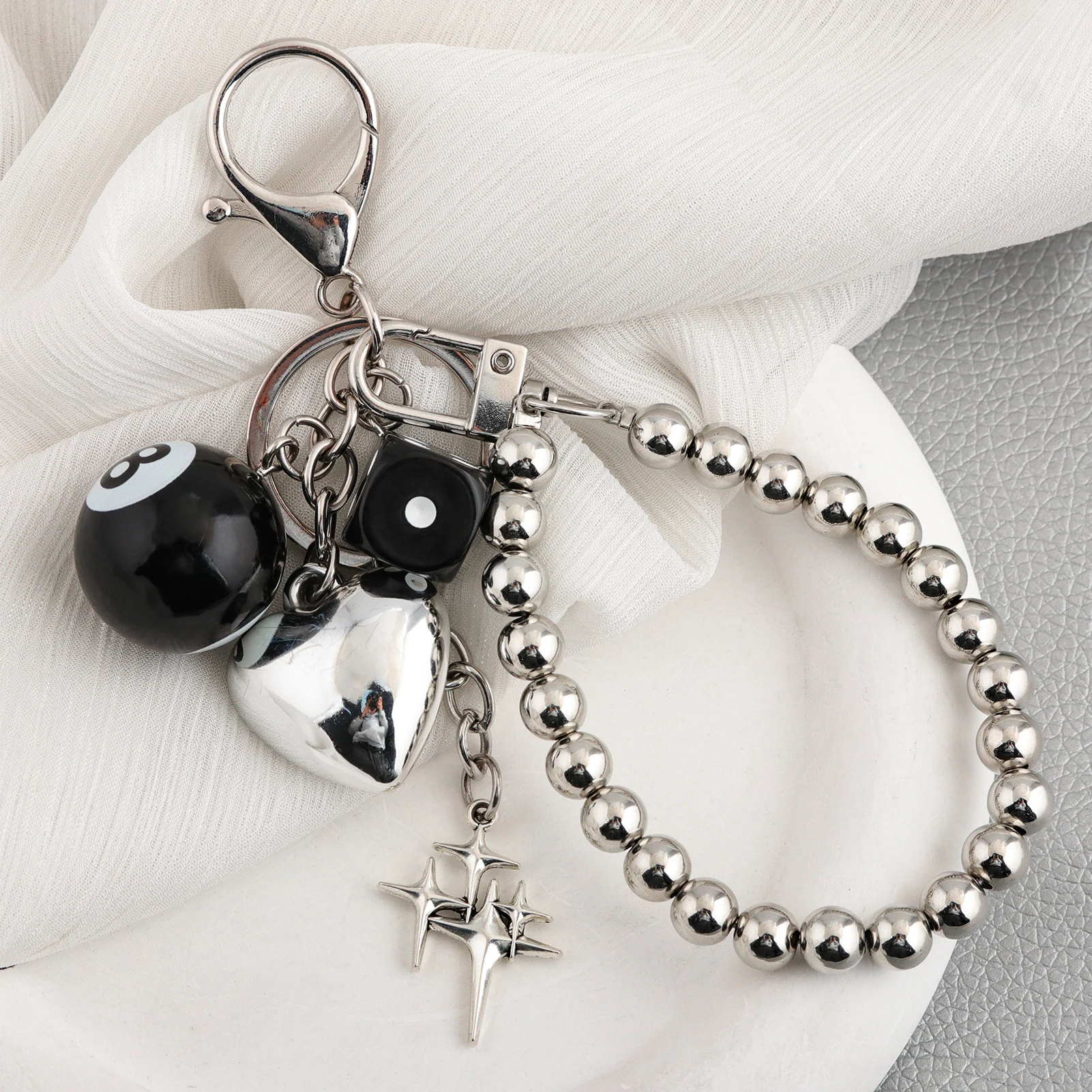 Black Dice Keychain Y2K Pink Lucky Star Burst Pendant Bag Charm Heart-Shaped Black 8-Ball Decoration Punk Style Jewelry Gift view 3
