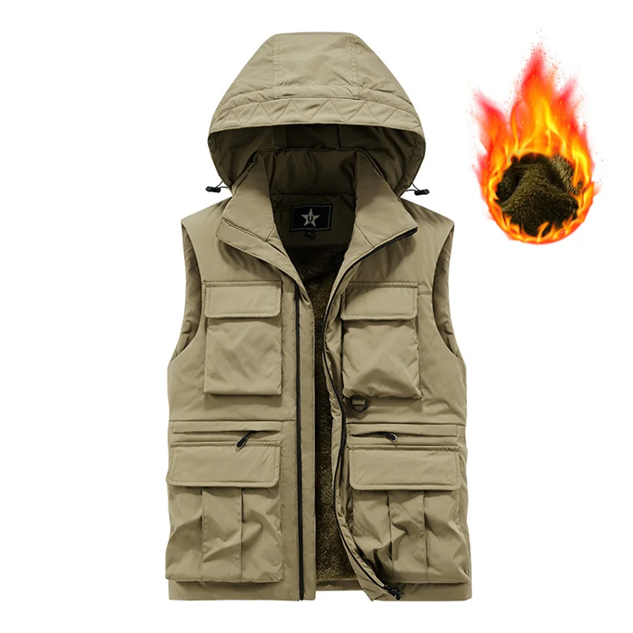 2025 Winter Men's Cargo Vest Thick Fleece Warm Sleeveless Jacket Hooded Tactical Coat Men Pockets Workwear Outdoor Waistcoat