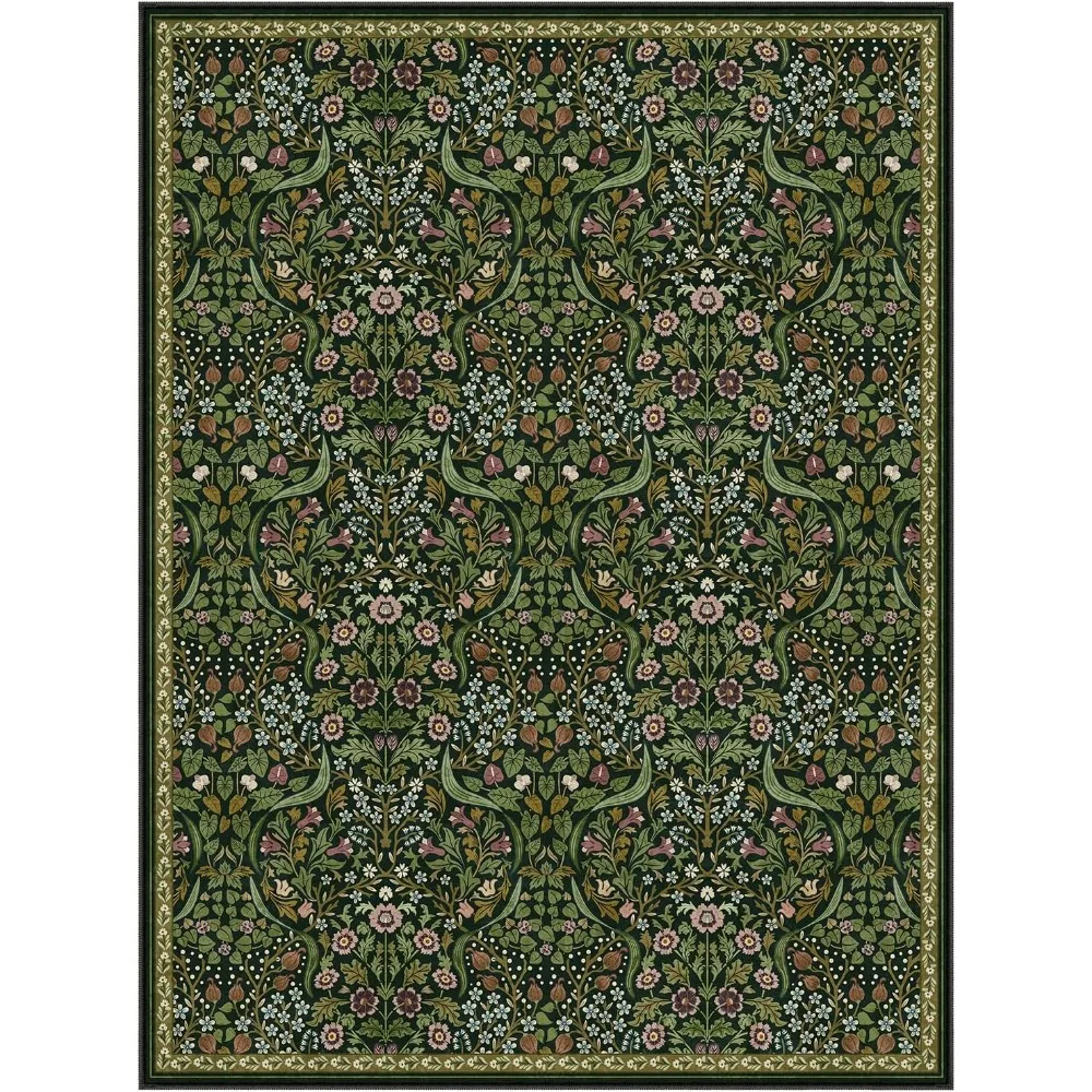 

Green 9x12 Washable Bohemian Rug, Botanical Pattern For Living Dining Room, Non Slip Feature