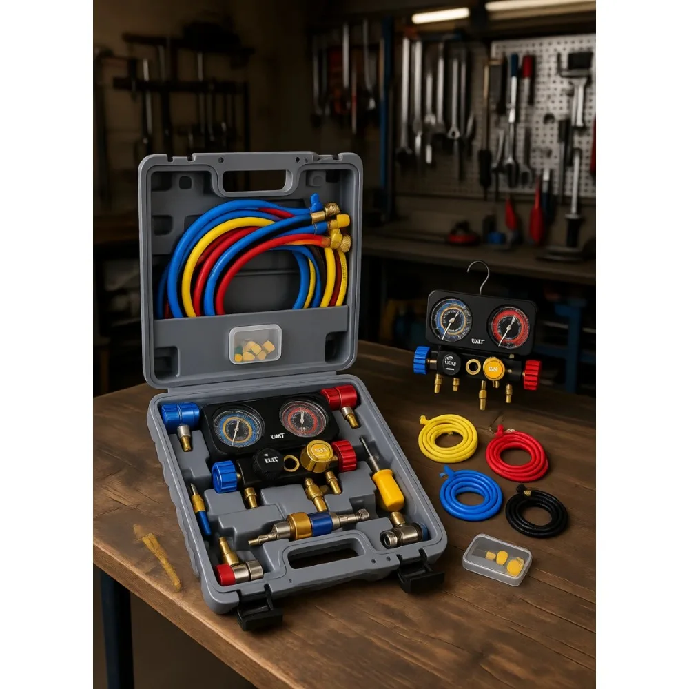 

4 Way AC Manifold Gauge Set with Hoses and Quick Couplers for R1234yf R134a R404a Self Sealing Can Tap Freon Charging