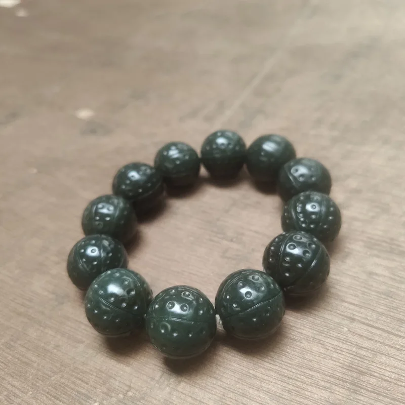Hetian Qing Walnut Men, Ink Blue Jade Bead Bracelet