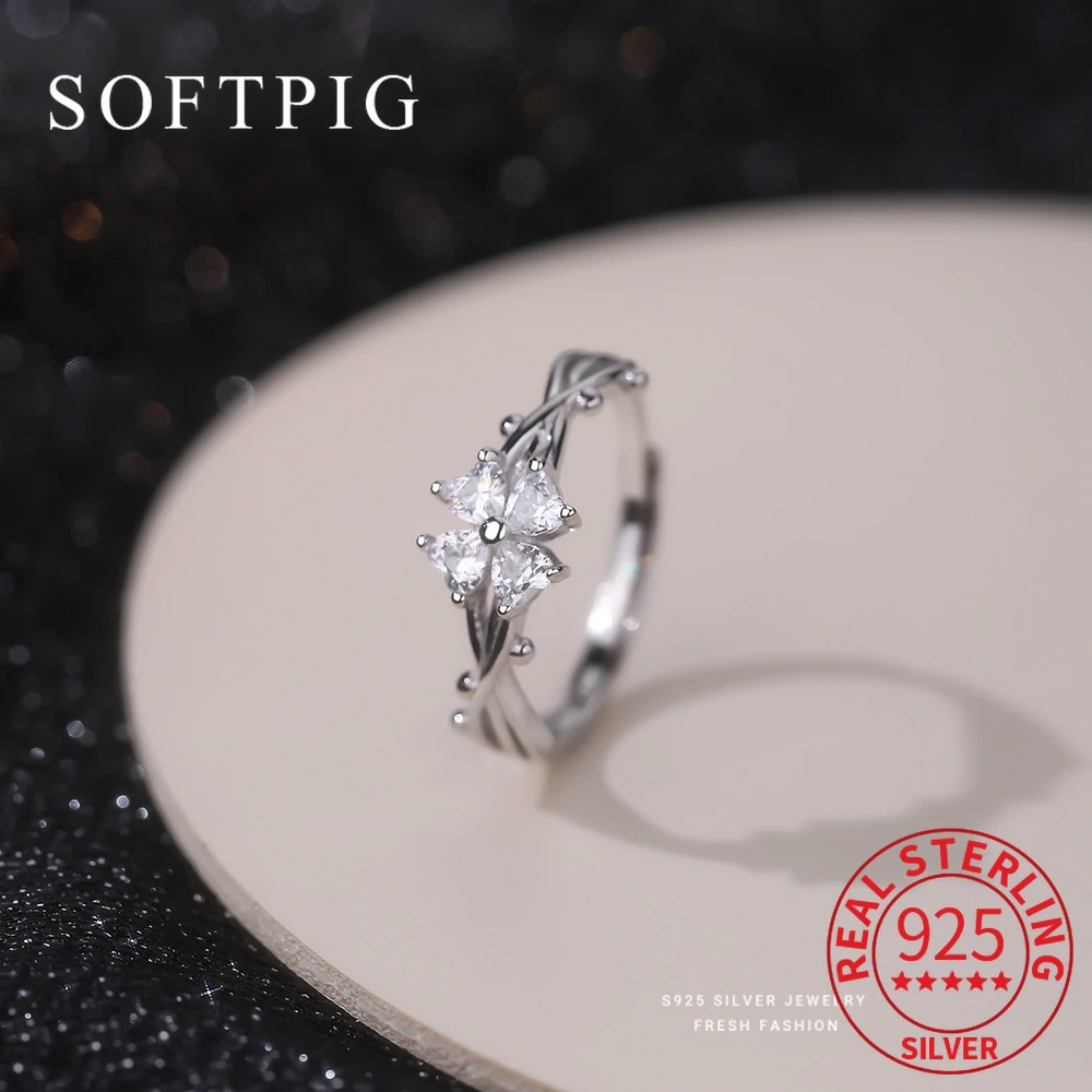 SOFTPIG Genuine 925 Sterling Silver Thorn Zircon Clover Adjustable Ring For Women Party Trendy Fine Jewelry Plant Accessories