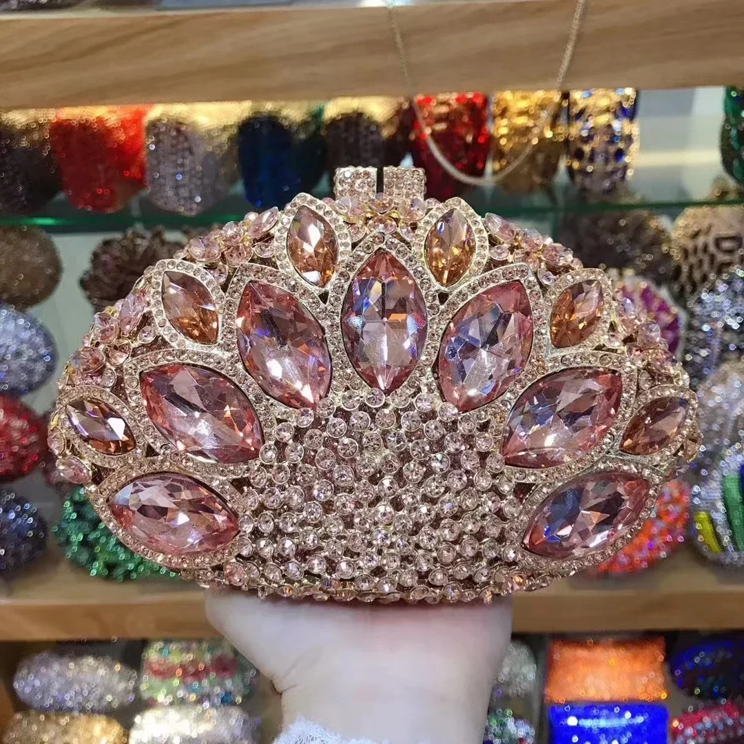 

XIYUAN Women Flower Crystal Dinner Party Purse Red Green Champagne Blue Green Diamond Handbag Wedding Bridal Banquet Evening Bag