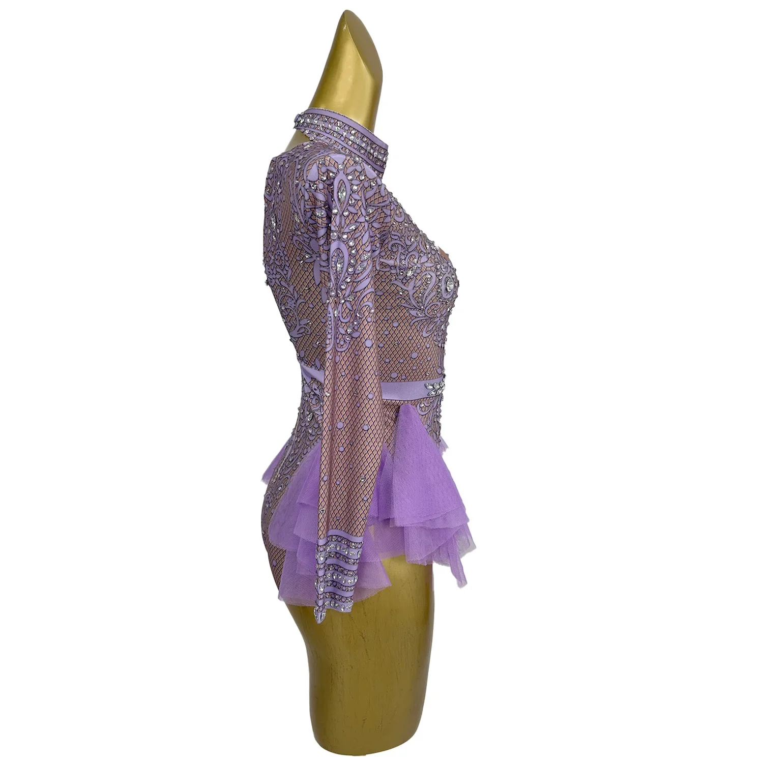 Putong Stage Singer Show Dance Bodysuit Sparkly Rhinestones Ruffle Long Sleeve Leotard Women Nightclub Party Concert Costumes