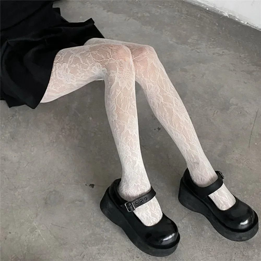 Y2K Mode Gothic Blumenmuster Ausgeschnittene Sexy Strumpfhose Damen Netzstrumpfhose Weinrot Ins Hot Girls JK Strumpfhosen Hochelastische Hipster Leggings