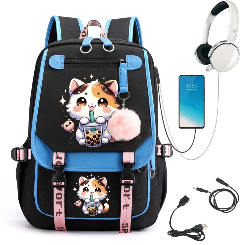 

College Students Backpack Girl Travel School Backpack Fashion Leisure Bagpack Boba Anime Cat Laptop School Bags Usb Bookbags
