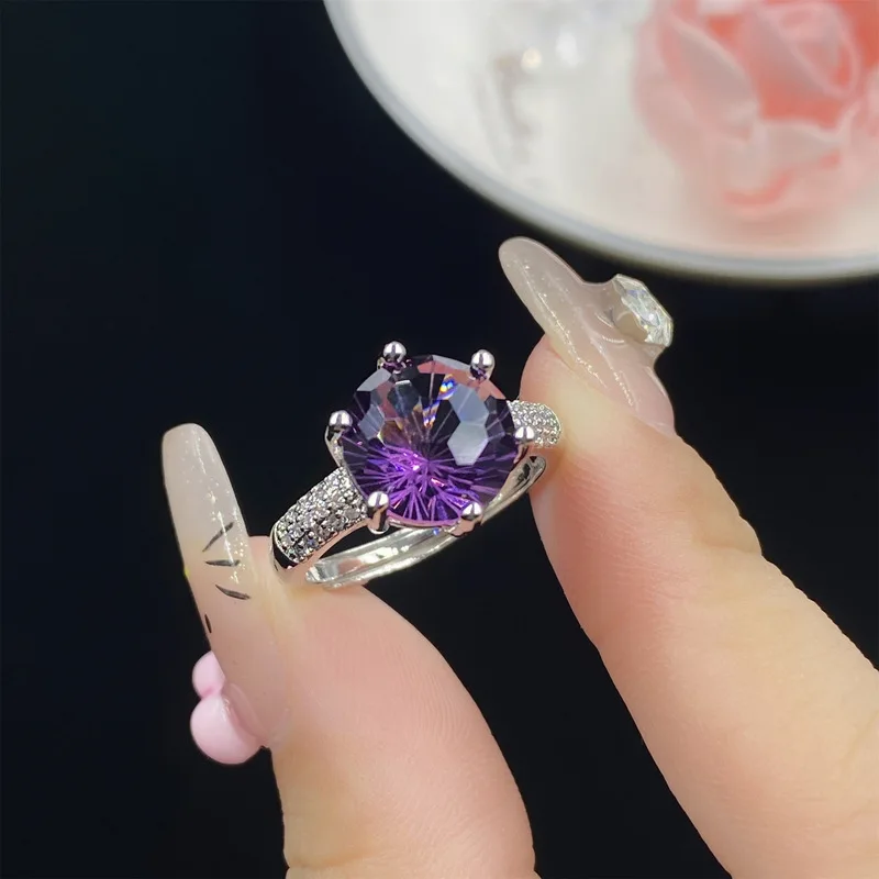 Punk style 10mm six-prong purple crystal, aquamarine tourmaline double-row zircon ladies' engagement ring - fashionable jewelry