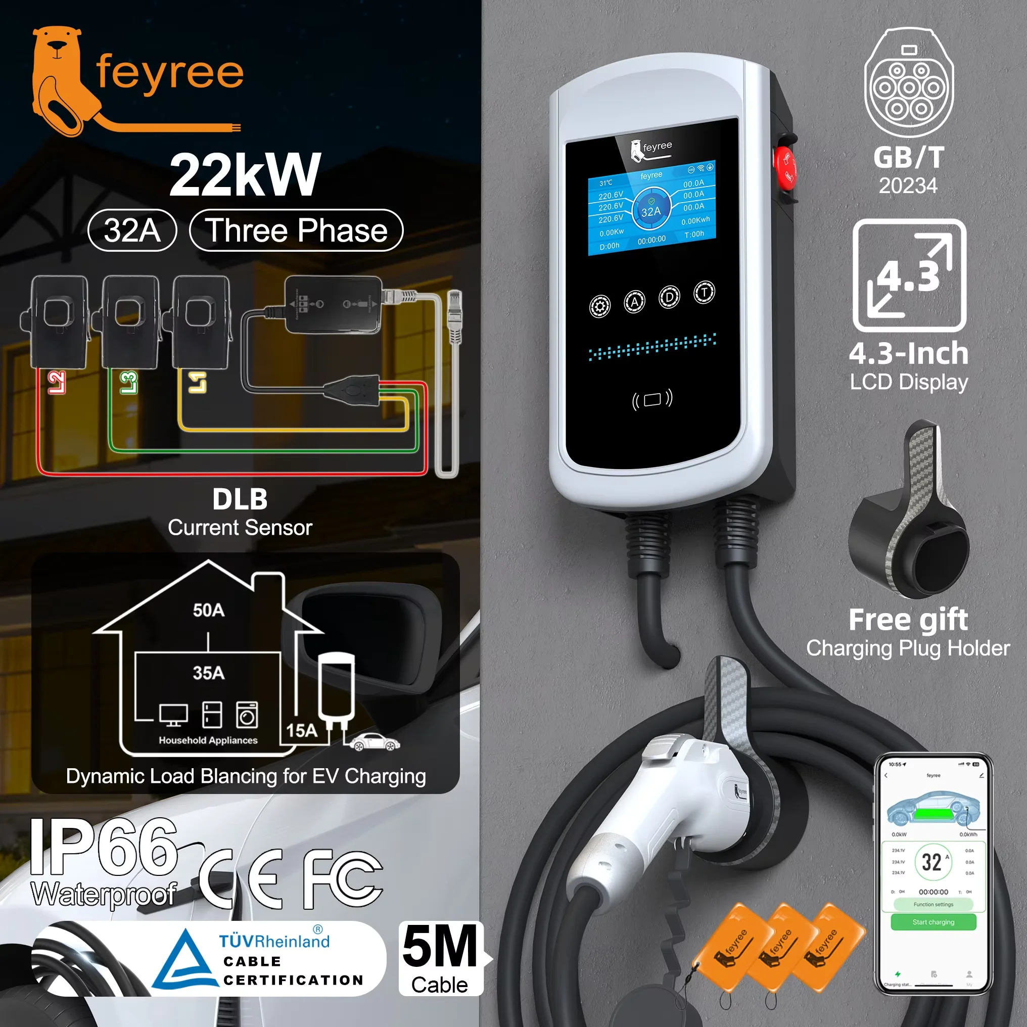 Feyree GB/T EV-lader 7,6 kW 32A Dynamische Lastverdeling Wandlader 4,3 inch LCD Wifi APP Laadlogboek 11 kW 22 kW 3-fasig Laadstation