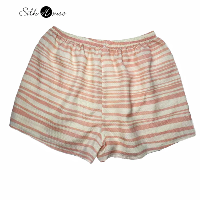 

2025 Women's Summer New 50% Natural Mulberry Silk 50% Cotton Jacquard Classic Stripe Printed Elastic Waist Casual Shorts