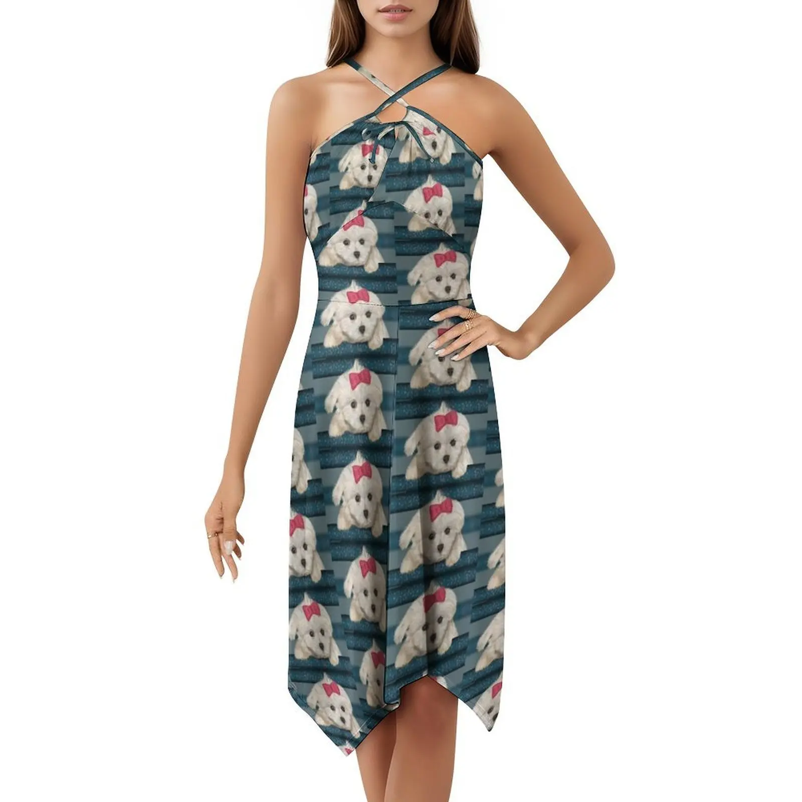 كلب مالطي لطيف مع فرو كريمي وشريط أحمر فستان بوهيمي عتيق بأكمام منتفخة أو خيارات بدون أكمام للنساء فستان مالطي #5