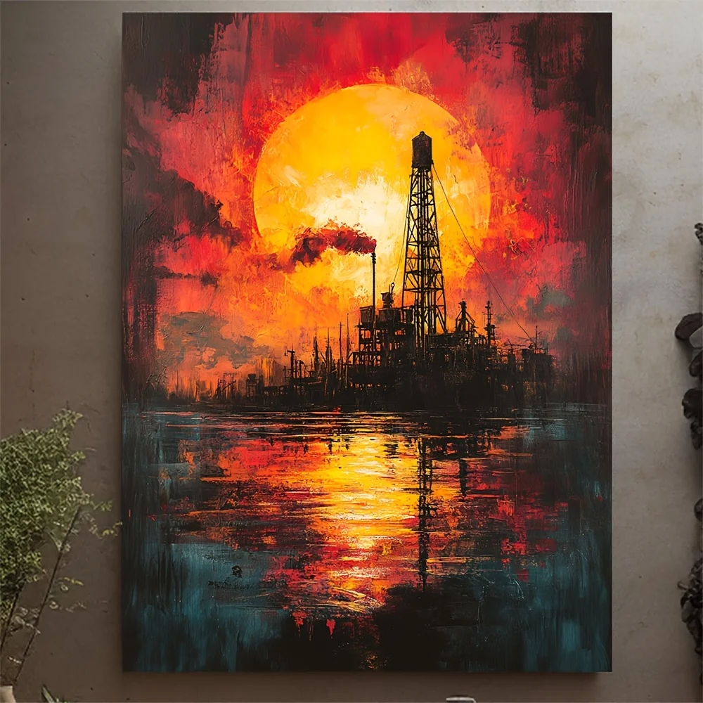 (No frame)1pc Retro Style Oil Well Canvas Print with Frame - 12x16 Inch, Vibrant Sunset Oil Derrick Wall Art, Perfect for Hom