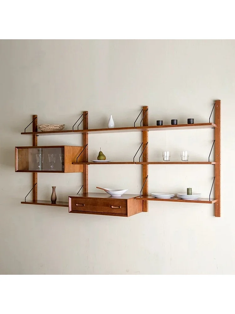 Study tea room bookshelf shelf solid wood baffle  living room wall  retro display shelf wall hanging