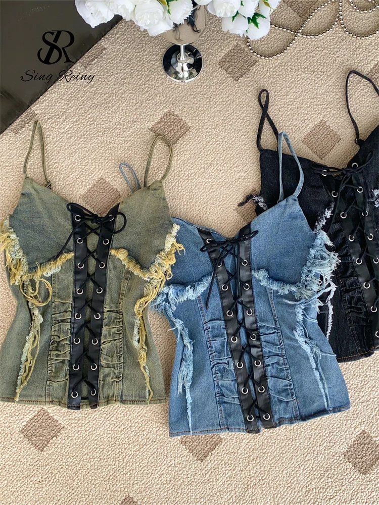 SINGREINY الأمريكية الرجعية الدانتيل يصل سليم الأعلى حزام الإناث مطاطا مثير عارية الذراعين بلوزة 2025 موضة عطلة الشاطئ الدنيم بروتيل