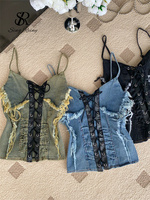 SINGREINY American Retro Lace Up Slim Top Female Strap Elastic Sexy Backless Blouse 2025 Fashion Vacation Beach Denim Camisole