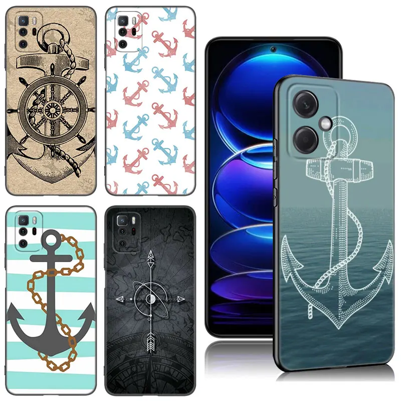 Stripes Anchor Boat Ship Wheel Black Phone Case For Xiaomi Redmi Note 10 11 11S 12 13 4G 8 9 11T Pro 5G Plus 8T 9S 10S 12S