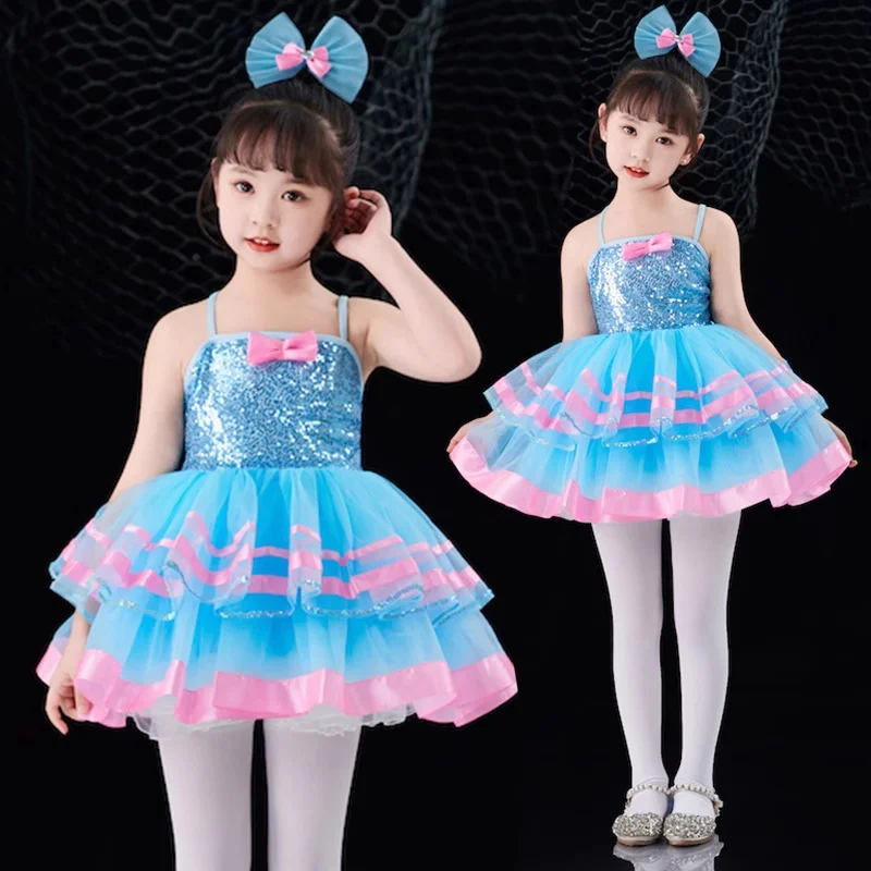 الترتر ملابس رقص الفتيات غنائية المعاصرة حرة الأزرق فستان رقص حديث الفتيات الأطفال مرحلة ارتداء مهرجان الاحتفال