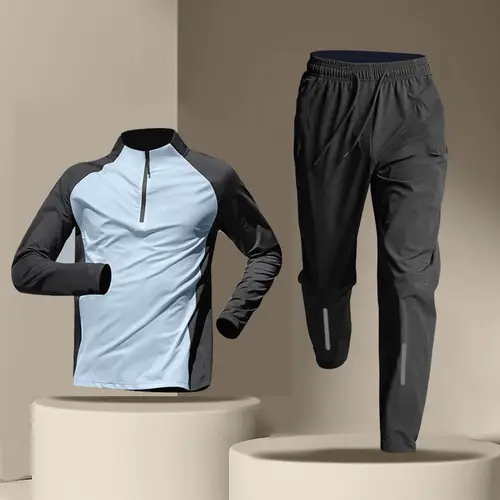 Imagen 2 del producto Ropa masculina de secado rápido, conjuntos de camisetas y chándal para primavera y otoño, traje de pantalones de entrenamiento deportivo transpirable de manga larga con media cremallera para hombre