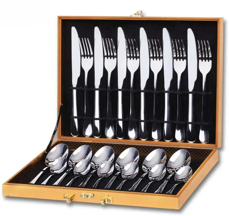 

#For Wholesale Knives, Spoons and Forks Set Deluxe Box 24 pcs Silver Stainless Steel Flat Cutlery