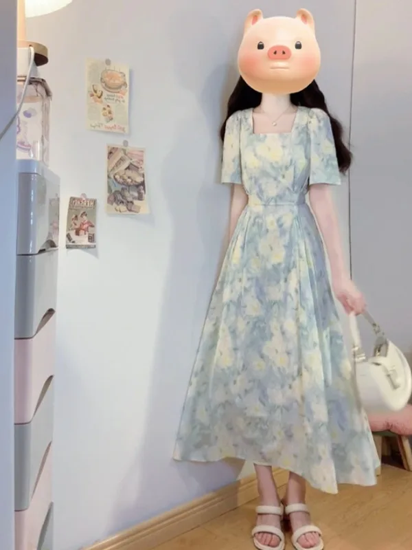 

plus Size Floral Print Dress Elegant Summer Dream Oil Painting Style Square Neckline Slimming Waist Design Comfortable Women'...